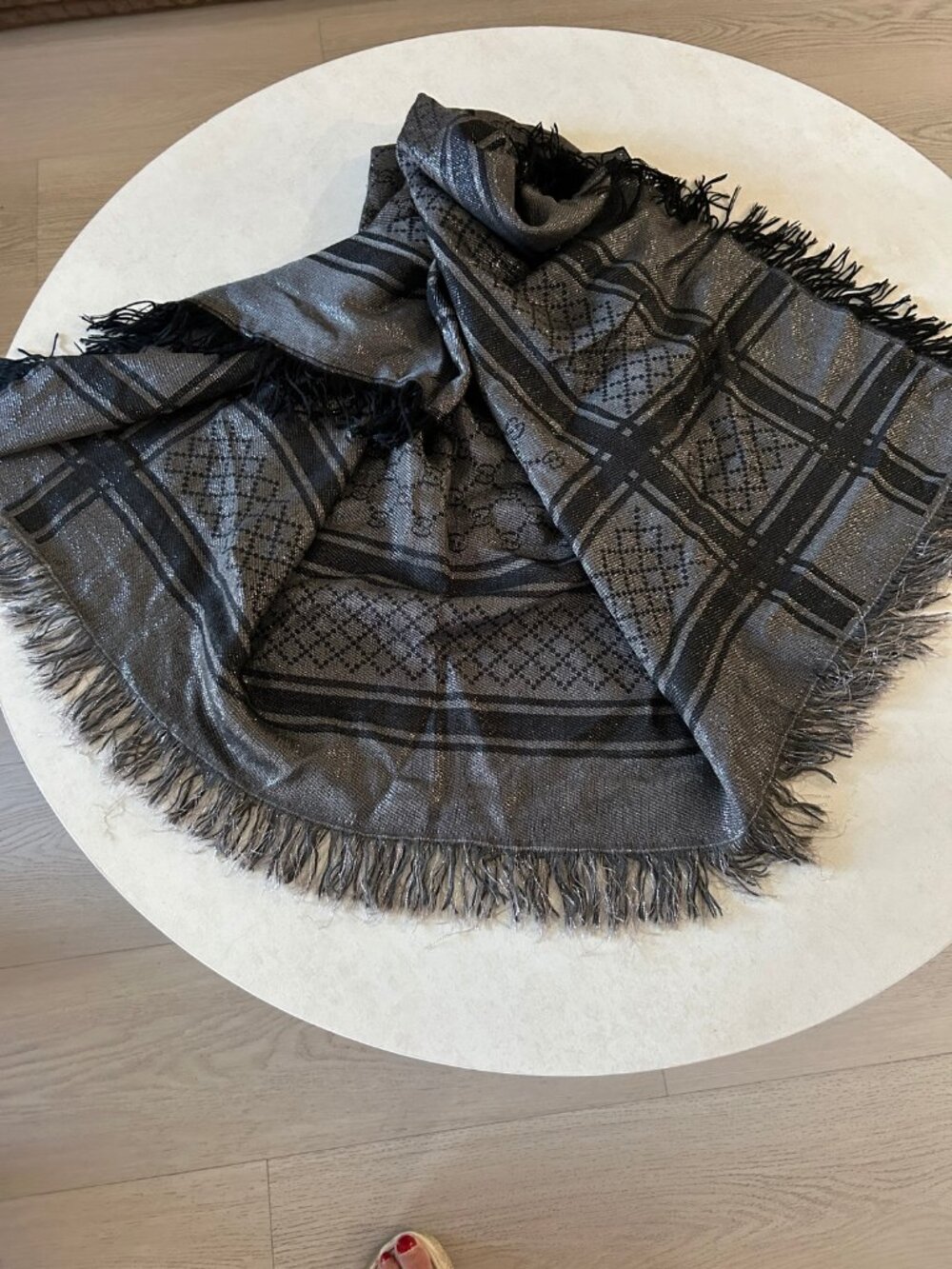 Gucci Large GG Monogram Wool Silk Lurex Shawl Scarf 50" Black Silver Fringe